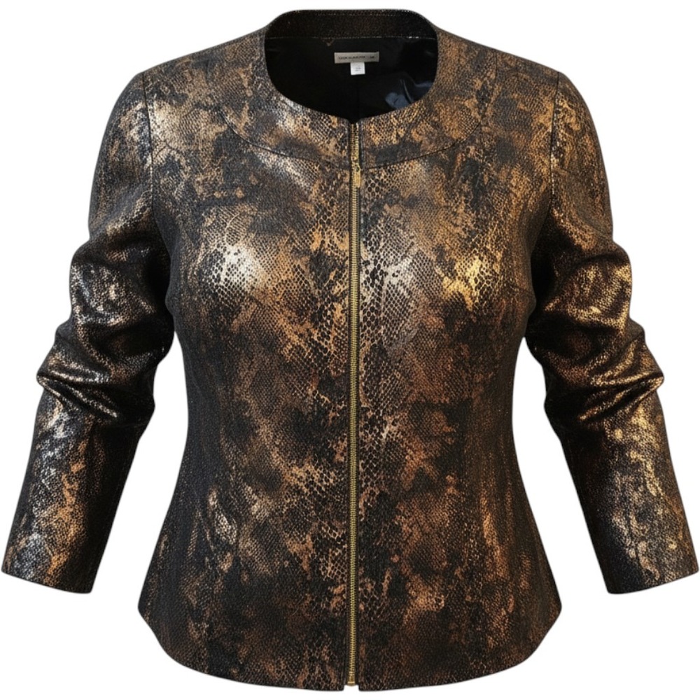 Susan Graver Metallic Gold Black Snakeskin Zip Jacket Womens 2X Plus A216926
